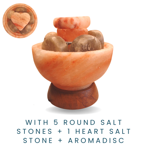 Himalayan PINK Salt Bowl  with 5 Professional GRAY Salt Stones + Heart Stone + Aromadisc