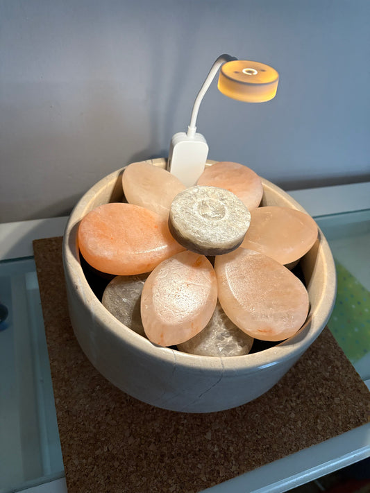 Marble Bowl with 14 Himalayan Salt Stones, rosewood base, and adjustable thermostat