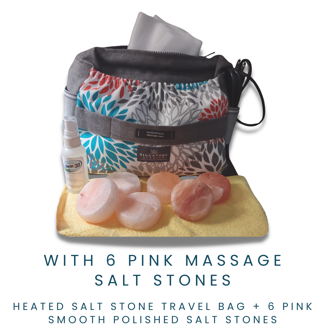 Himalayan Salt Stone Massage Heated Travel Bag INCLUDES 6 pink salt stones (Choice of two Color Patterns)