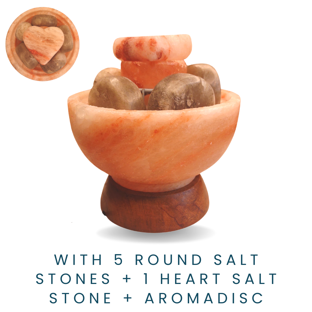 Himalayan PINK Salt Bowl  with 5 Professional GRAY Salt Stones + Heart Stone + Aromadisc
