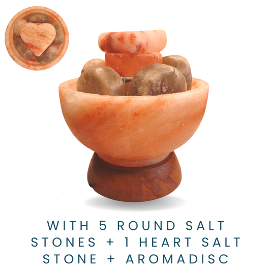 Himalayan PINK Salt Bowl with 5 Professional GRAY Salt Stones + Heart Stone + Aromadisc