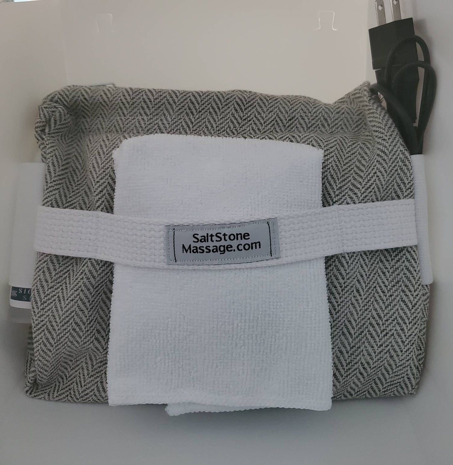 Salt Massage Stones + Heating Travel Bag (dark grey herringbone+white trim)