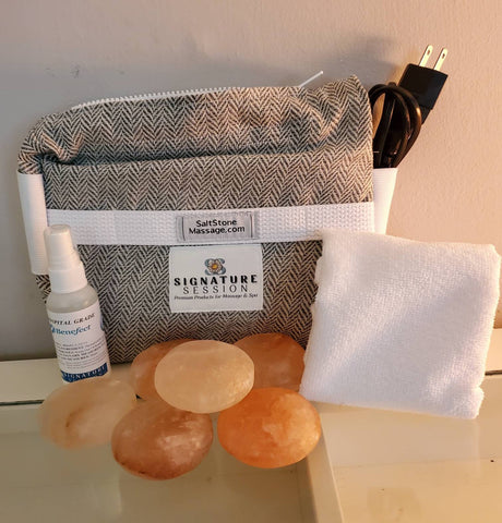 Salt Massage Stones + Heating Travel Bag (dark grey herringbone+white trim)